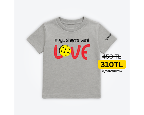 Dropick "It All Starts With LOVE" Unisex Gri Melanj Pickleball Tişört - Çocuk