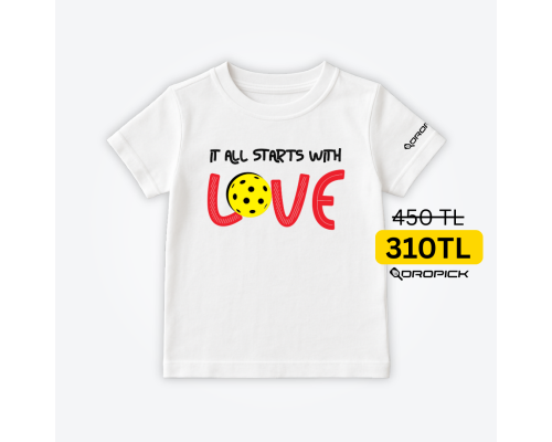 Dropick "It All Starts With LOVE" Unisex Beyaz Pickleball Tişört - Çocuk