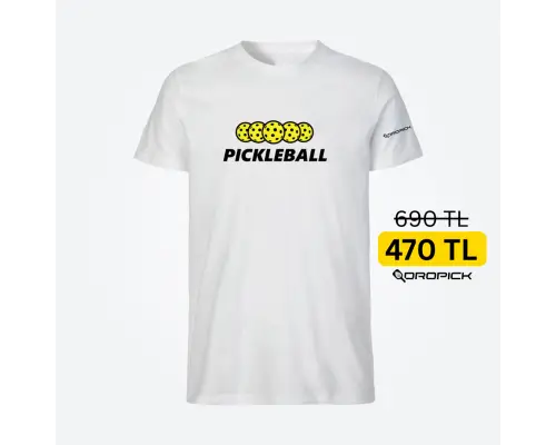 Dropick "Pickleball Balls" Unisex Pickleball Tişörtü Beyaz - Yetişkin