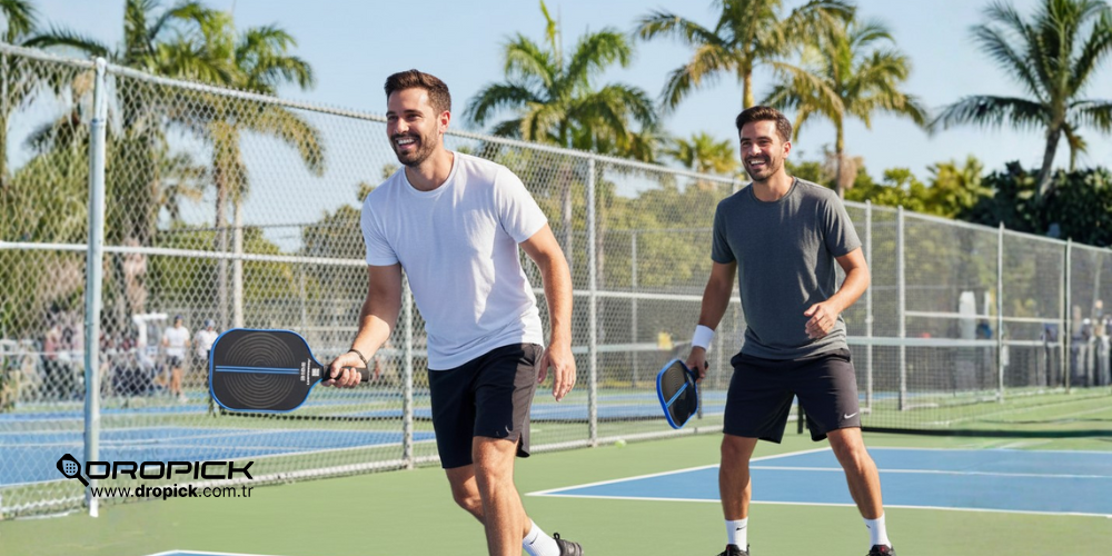 Dropick Equinox 1400 pickleball raketi ile sahada oyuncu