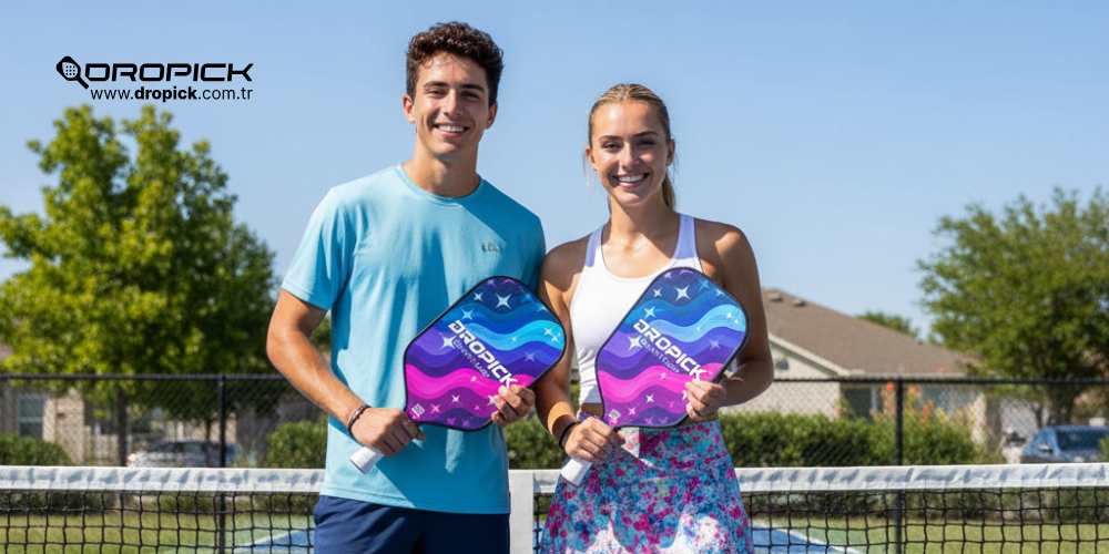 Dropick Galaxy Glow pickleball raketi ile genç oyuncular – eğlenceli oyun sahnesi